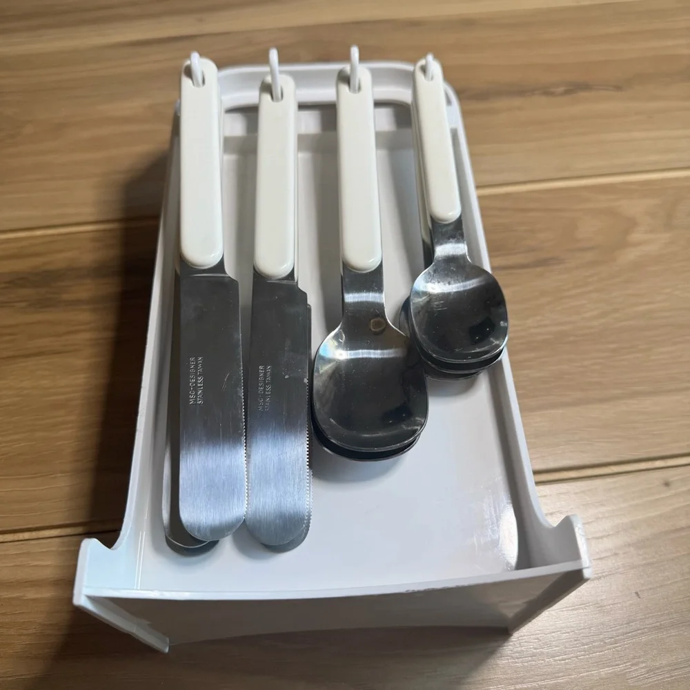 VTG MSC Designer Silverware Set 19pc White Handles Stainless MCM Minimalist